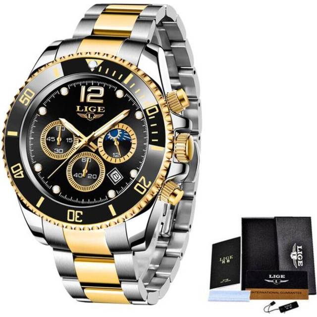 (Gold Black) LIGE Mens Watches Top Brand Luxury Clock Casual Stainless Steel 24 Hour Moon Phase Men Watch Sport Waterproof Quartz Chronograph