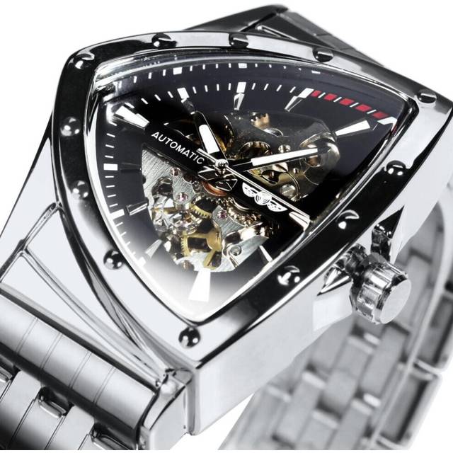 (white,black) Winner Triangle Skeleton Gold Black Watch For Men Automatic Mechanical Wristwatch Irregular Luxury Stainless Steel Strap