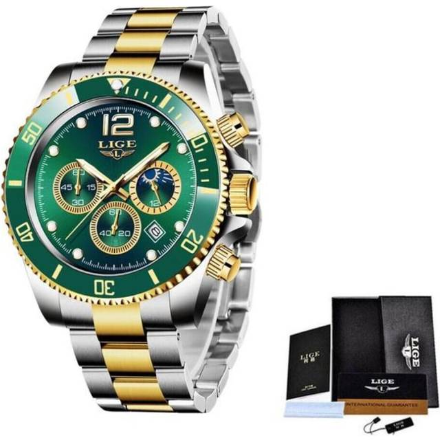 (Gold Green) LIGE Mens Watches Top Brand Luxury Clock Casual Stainless Steel 24 Hour Moon Phase Men Watch Sport Waterproof Quartz Chronograph