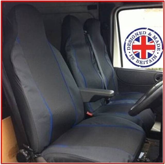 FOR FORD TRANSIT (MK7) - Premium Luxury Van Seat Covers Single Drivers And Double Passengers Seat Covers - 2 + 1 - Black And Blue Piping