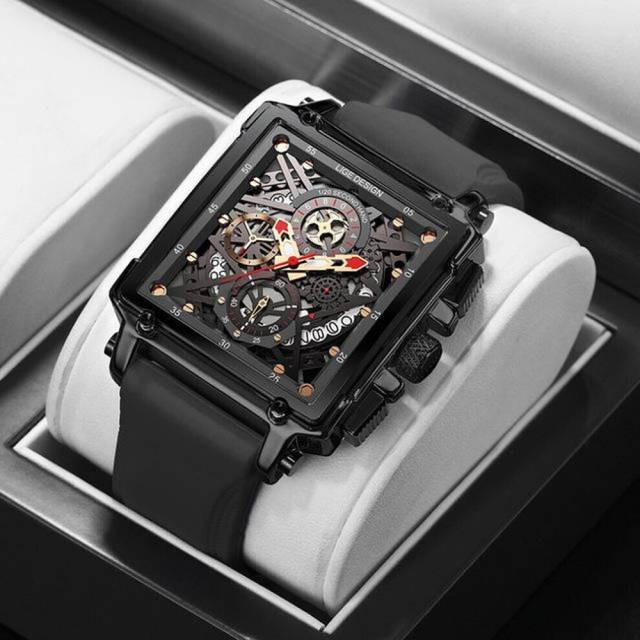 (Black) Hollow Square Mens Watches Chronograph LIGE Brand Luxury Automatic Date Men Watch Waterproof Male Wristwatches