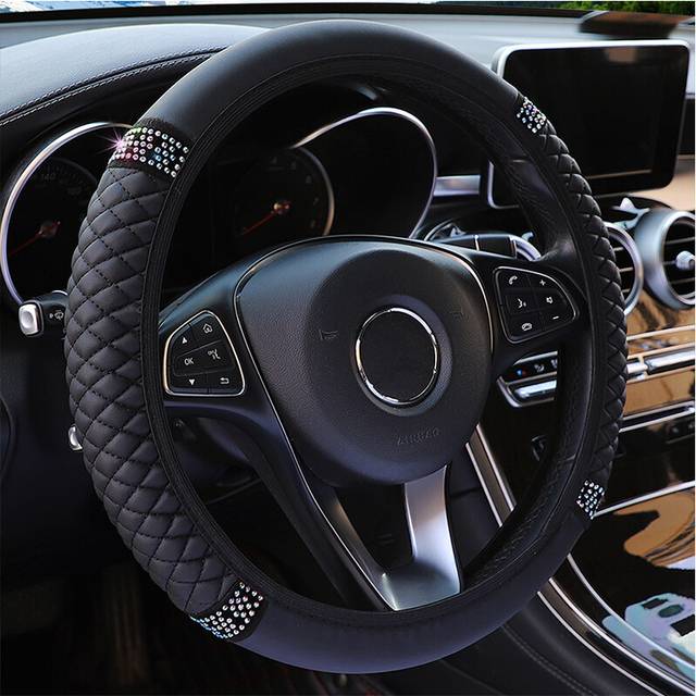 (black) Universal 37-38cm Pu Leather Bling Car Steering Wheel Cover Rhinestone