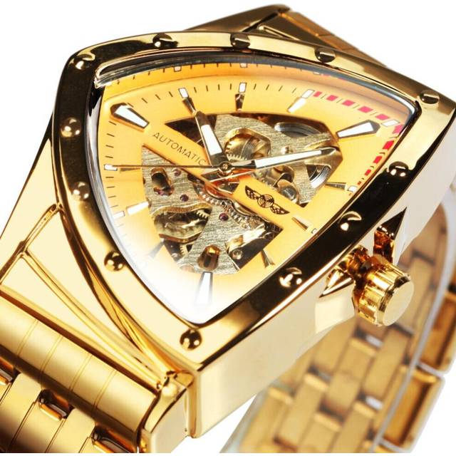 (gold) Winner Triangle Skeleton Gold Black Watch For Men Automatic Mechanical Wristwatch Irregular Luxury Stainless Steel Strap