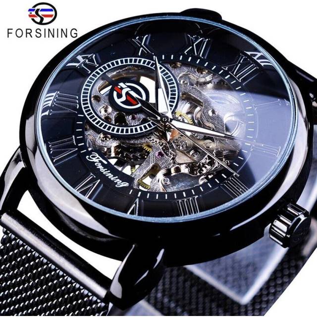 (black) Forsining Retro Fashion Design  Skeleton Sport Mechanical Watch Luminous Hands Transparent Mesh Bracelet For Men Top Brand Luxury - Black