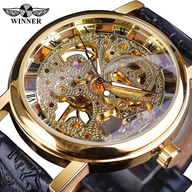 Winner Transparent Fashion Case Luxury Casual Design Leather Strap Mens Watches Top Brand Luxury Mechanical Skeleton Watch