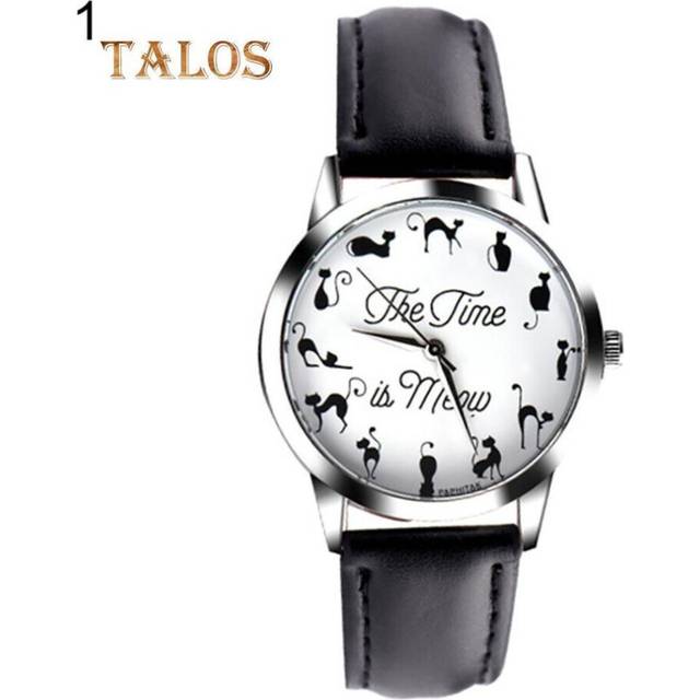 (black) Novelty Cat Letter Dial Quartz Moment Faux Leather Band Couples Wrist Watch Trinket Decor - Black