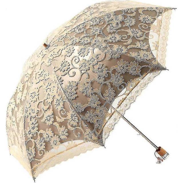 (Beige, One size) Lace Travel Parasol Folding Anti-uv Windproof Embroidery Umbrella 2 Folding