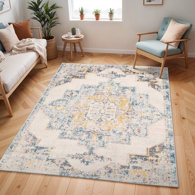 Walker Yellow/Cream/Grey Rug - Blue;Brown;Yellow;Grey (Square 200 cm)