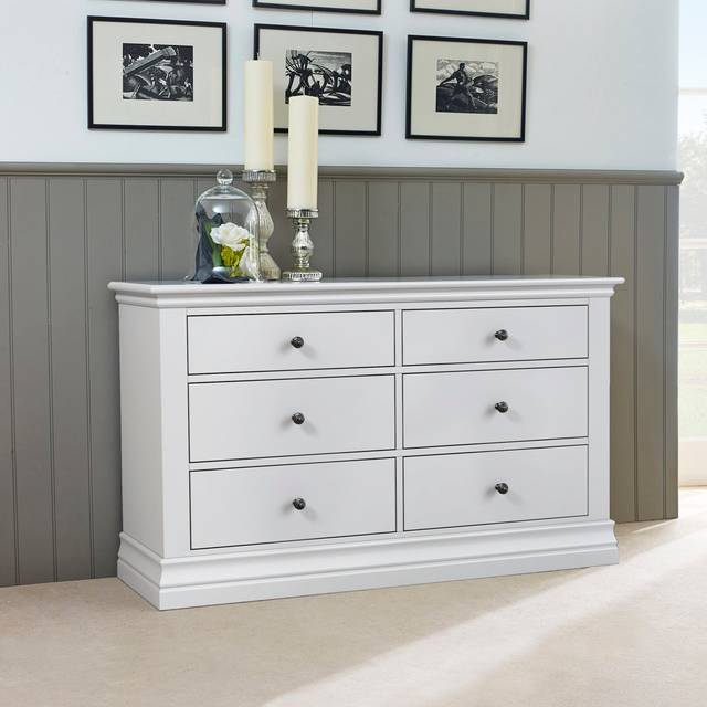 Chambery White Wide Chest Of 6 Drawers (78cm H X 130cm W X 40cm D)