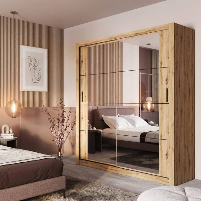 Make a Bold Statement with the Nastasja Bedroom Set in Sophisticated Black Matt - Oak Artisan (215cm H X 181cm W X 60cm D)