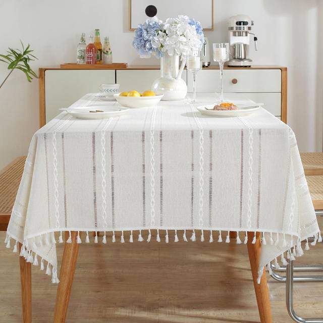 Cotton Linen Rectangular Tablecloth with Tassels, Washable, Wrinkle-Free for Kitchen, Dining, Party - White (55.1cm D X 200cm L)