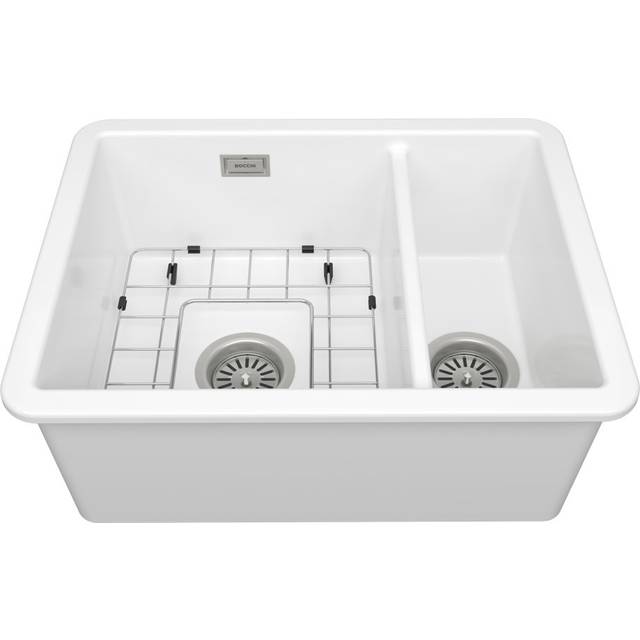 Sotto 15D 1.5Bowl Ceramic Undermount/Inset Kitchen Sink, G White w Waste, Bottom Grid-555x430mm - Gloss White (555mm L X 430mm W)