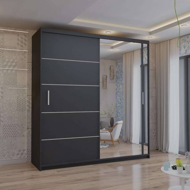 Celum Sliding Single Mirror Door Wardrobe - Black (217cm H x 180cm W x 62cm D)