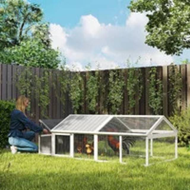 PawHut Wooden Chicken Run with Nesting Box, Openable Roof, for 4-8 Chickens, White
