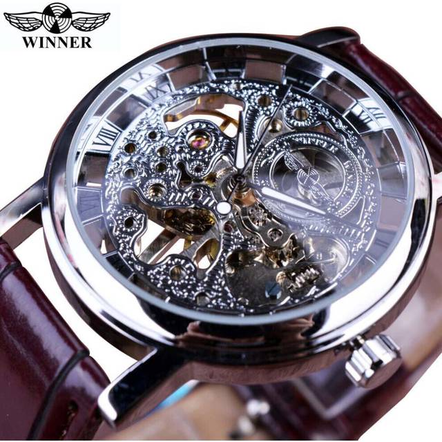 (ivory) Winner Transparent Golden Case Luxury Casual Design Brown Leather Strap Mens Watches Top Brand Luxury Mechanical Skeleton Watch