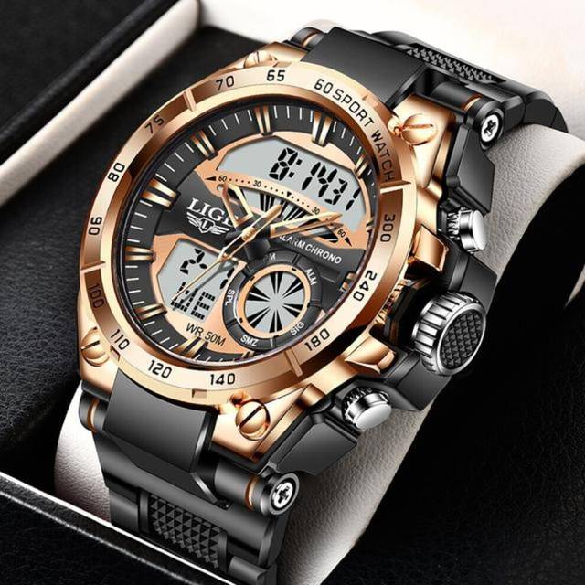 (Rose Gold) LIGE MenÃ¢s Watches Top Brand Big Sport Watch Luxury Men Military Silicone Quartz Wrist Watches Fashion Chronograph Male Clock