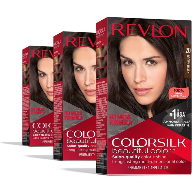 Revlon ColorSilk with Bond Repair Complex Permanent Hair Color 100 Gray Coverage Ammonia Free Hair Dye Vegan Keratin 20 Brown Black Pack of 3