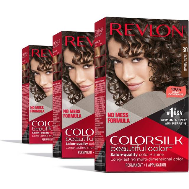 Revlon ColorSilk with Bond Repair Complex Permanent Hair Color 100 Gray Coverage Ammonia Free Hair Dye Vegan Keratin 30 Dark Brown Pack of 3