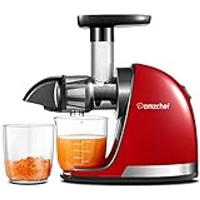 AMZCHEF Juicemaskiner - Maskinell Bearbetning Juicemaskin För Frukt Och Grönsaker - BPA-fri Juicepress Med 2 Koppar Och Borste - Delikat Malnign Utan Behov Av Att Filtrera - Röd