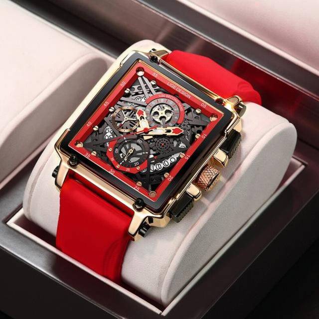 (Gold Red) Hollow Square Mens Watches Chronograph LIGE Brand Luxury Automatic Date Men Watch Waterproof Male Wristwatches