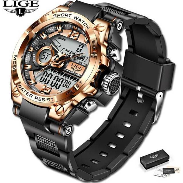 (Rose Black) LIGE New Sports Men&apos;s Watches Top Brand Luxury Military Quartz Watch Men Waterproof