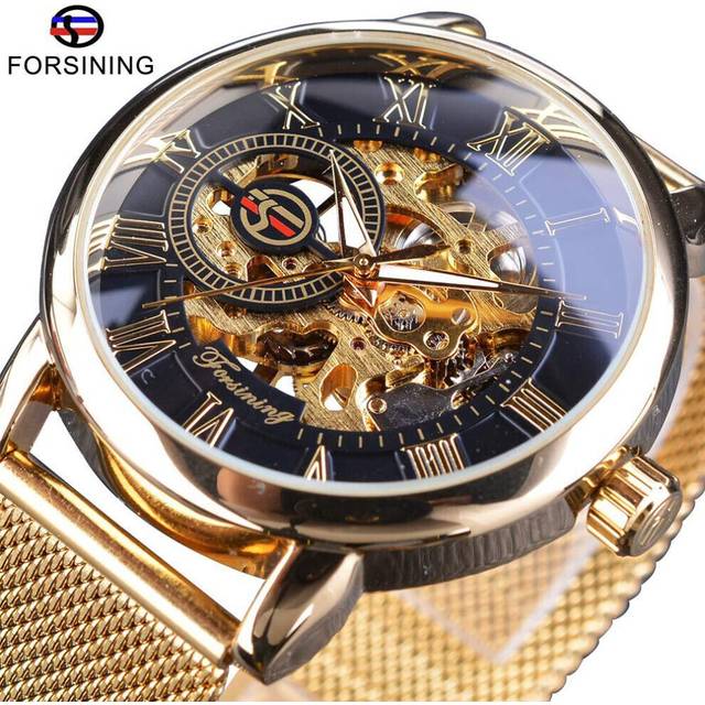(black,gold) Forsining Retro Fashion Design  Skeleton Sport Mechanical Watch Luminous Hands Transparent Mesh Bracelet For Men Top Brand Luxury