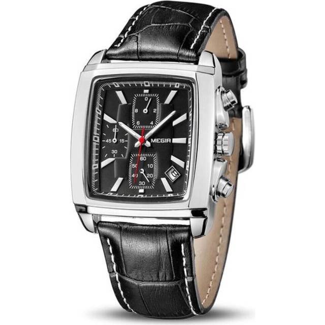 (black) Megir Original Watch Men Top Brand Luxury Rectangle Quartz Military Watches Waterproof Luminous Leather Wristwatch Men Clock 2028 - Black