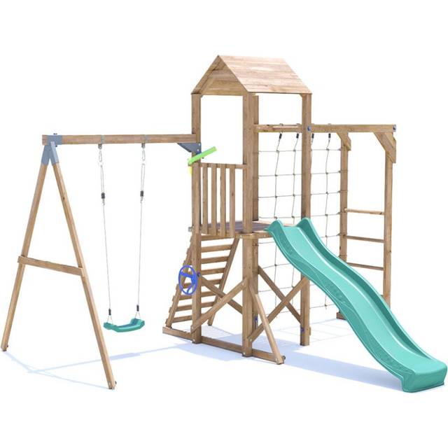 SquirrelFort Climbing Frame with Single Swing, High Platform, Monkey Bars, Cargo Net & Slide