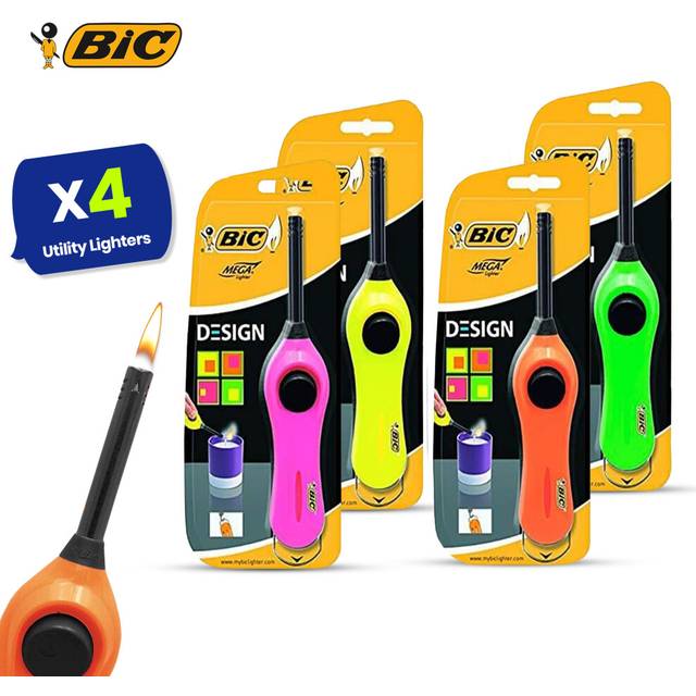 BIC Utility Lighters with 6cm Extension Rod - 4 Pack Assorted Colours