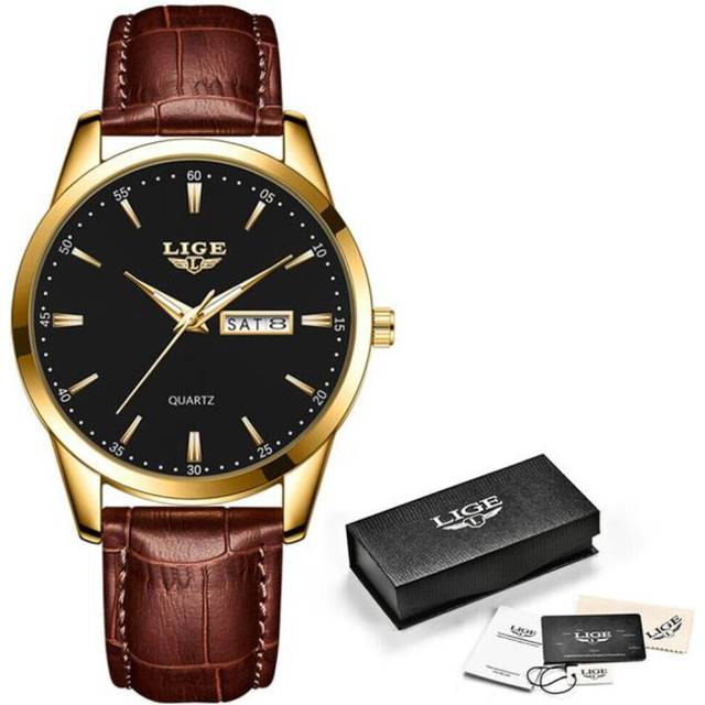 (Gold Black) LIGE Top Brand Watch Men Leather Business Date Clock Waterproof Luminous Watches Mens Luxury Sport Waterproof Quartz Wrist Watch