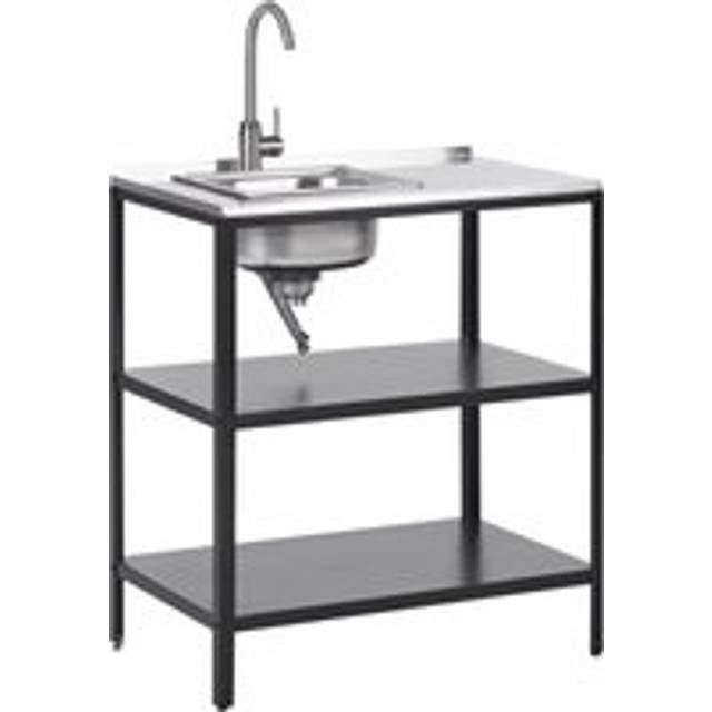 Steel Outdoor Garden Kitchen Island with Sink Single Lever Spout Shelves Stainless Steel Top 80x50x92 cm Black Vilama