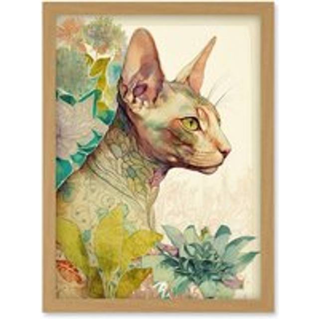 Sphynx Cat with Floral Tattoo in Flower Blooms Colourful Modern Watercolour Illustration Artwork Framed Wall Art Print A4 - Tan - One Size