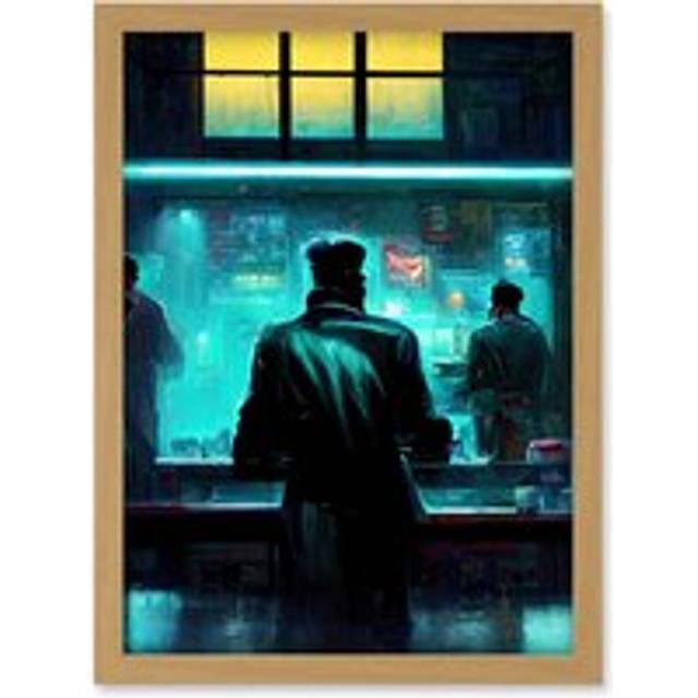 Nighthawks Style Futuristic Cyber Noir Bar Artwork Framed Wall Art Print A4 - Tan - One Size