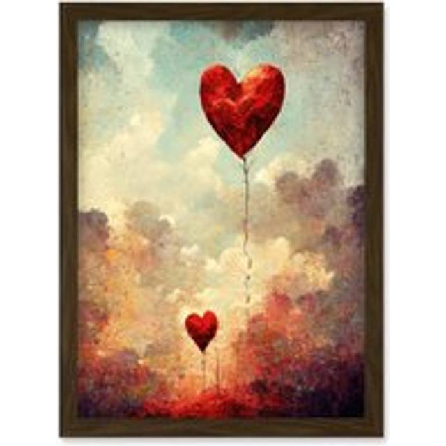 Modern Abstract Floating Red Love Heart Balloons Artwork Framed Wall Art Print A4 - Brown - One Size