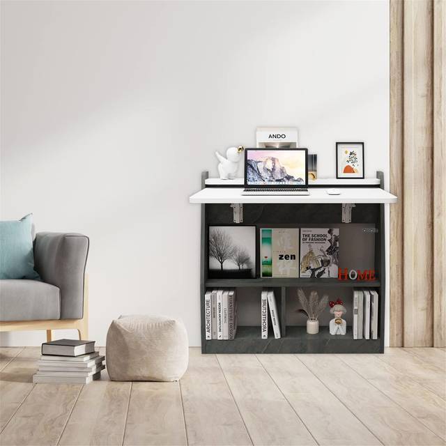 Wall Mounted Drop-Leaf Table, Wooden Laptop Desk, Foldable Hanging Table Shelf, Multifunctional Computer Workstation With Storage Compartments In Home - Grey