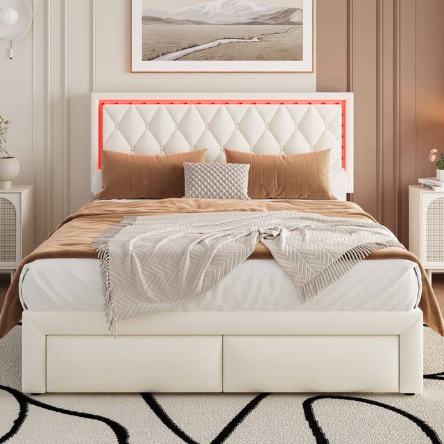 4Ft6 Upholstered Bed With Led And Drawers Beige Pu (115.5cm H X 140.5cm W X 197cm L)