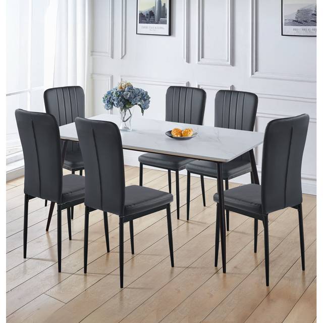 Cullompton Large Rectangular Dining Table (160Cm) With 6 Black Faux Leather High Back Chairs - White (6)