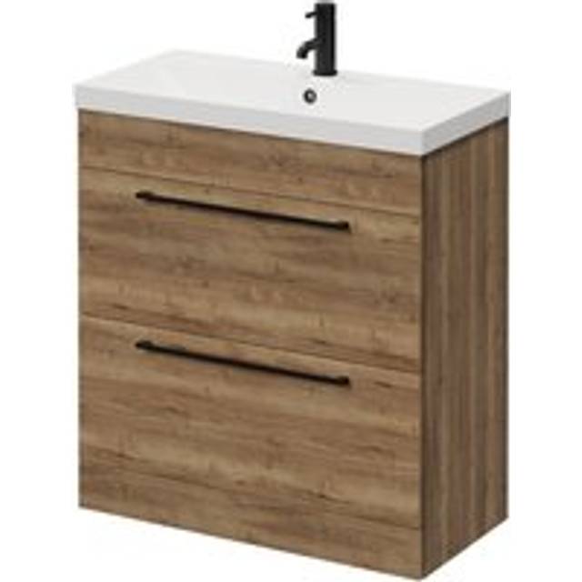 Napoli Floor Standing Vanity Unit with 1 Tap Hole Slim Edge Basin and 2 Drawers with Matt Black Handles | Tobacco Oak | MFC | 800mm