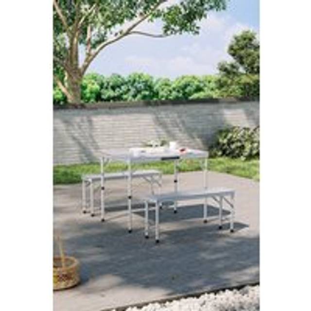 Aluminum Portable Folding Camping Table and Benches Set - Silver - One Size