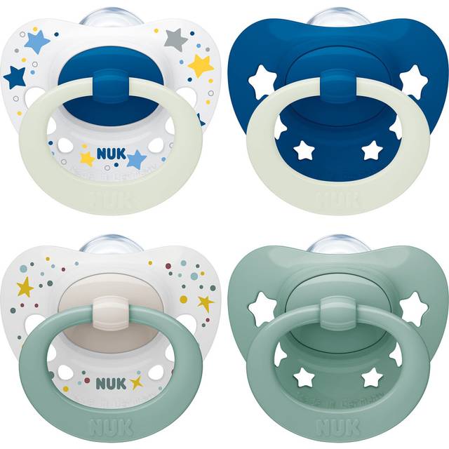 NUK Signature Day & Night Baby Dummy 0-6 months Soothes 95% of Babies Heart-Shaped BPA-Free Silicone Soothers Glow-in-the-Dark Stars 4 Count