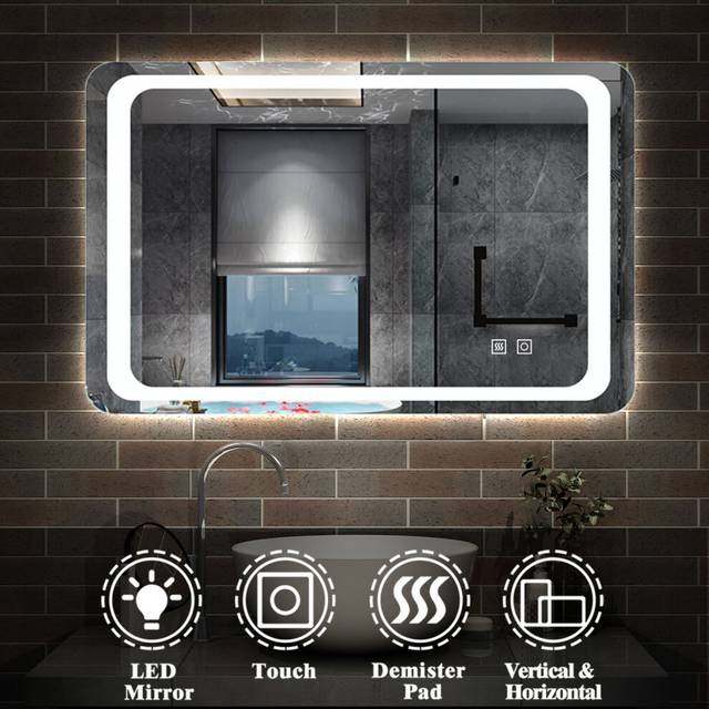 LED Bathroom Mirror with LED Lights with Demister Pad Anti-fog Double Touch Switch Wall Mounted Vertical/Horizontal, 800x600mm