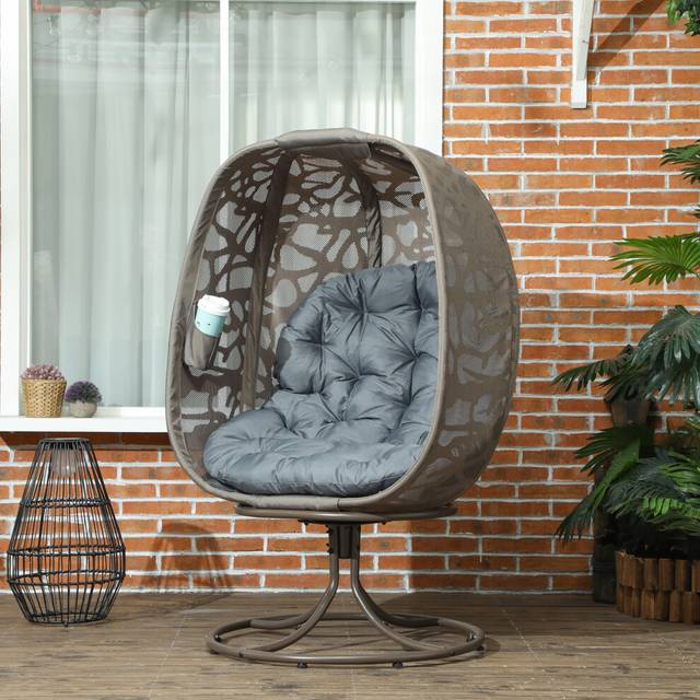 Foldable Egg Chair with Cushions, Indoor Outdoor Swivel Lounger, Grey - Outsunny