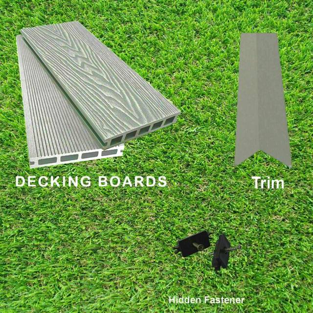 (Ash Grey, 9 Square Metres) Per SQM Composite WPC Decking Boards Embossed Woodgrain Plastic kit incl - 2.2 meter long boards