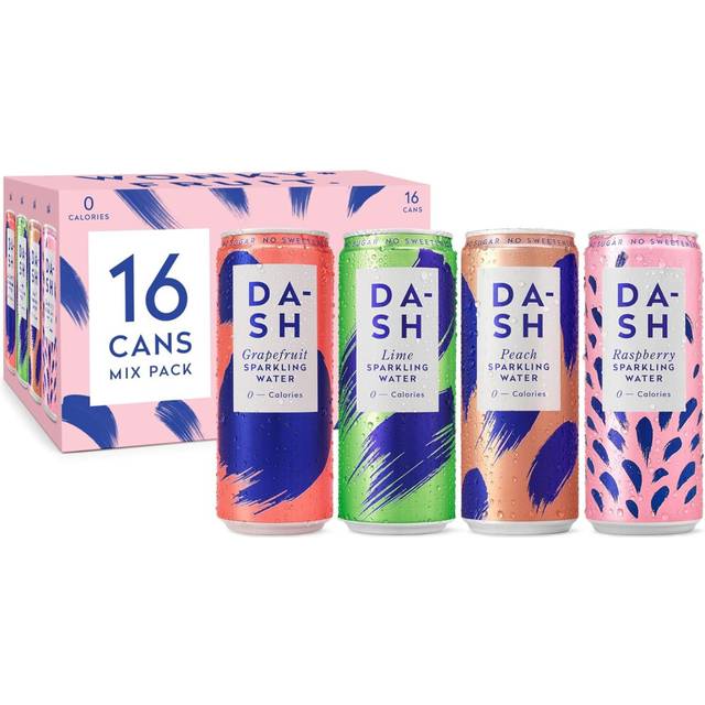 DASH Water Mixed Pack x 16 ? Flavoured Sparkling Spring Water ? Raspberry, Lime, Grapefruit, Peach ? Infused with Wonky Fruit (16 x 330ml cans)
