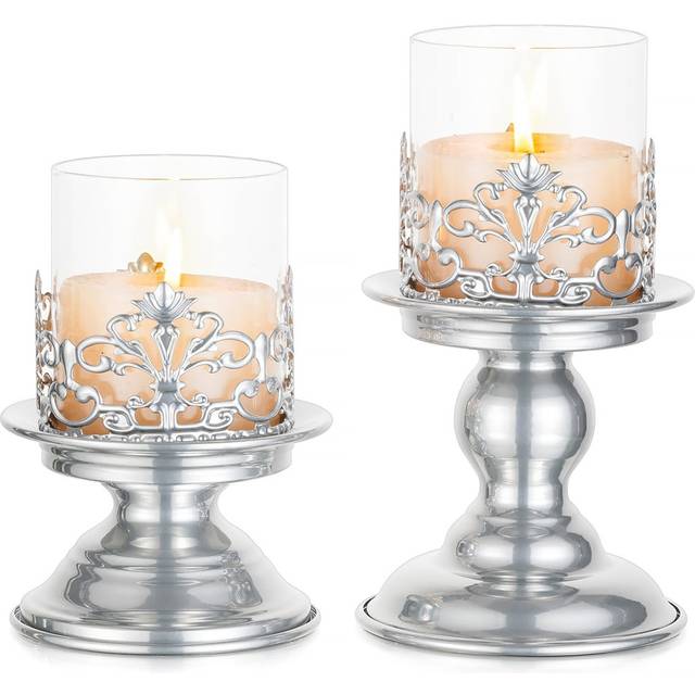2 Pieces Metal Candlestick Set - Silver
