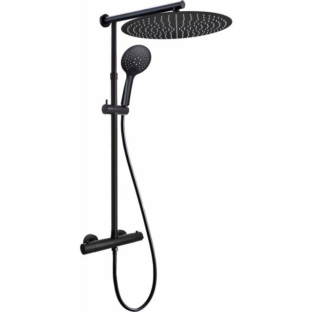 Carswell Black Exposed Thermostatic Mixer Twin 16'' 400mm Shower Head Round Riser Rail Bar Set - Matte Black