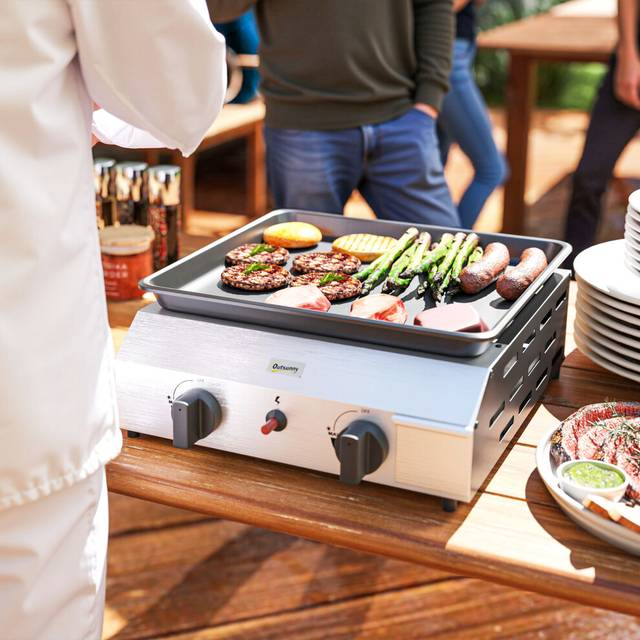 Outsunny Gas Grill, Gas BBQ with Non-Stick Griddle for Camping, Silver Tone
