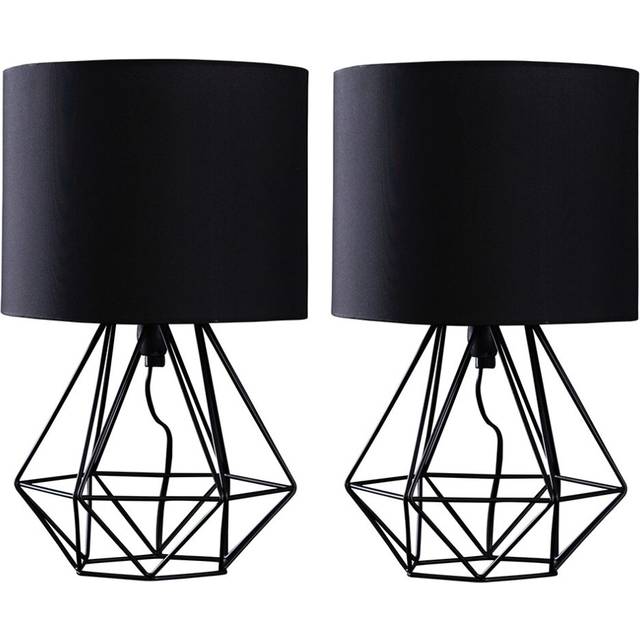 Minisun - Angus Pair of Black Metal Basket Cage Bed Side Table Lamps with Black Fabric Shades and led Bulbs In Warm White