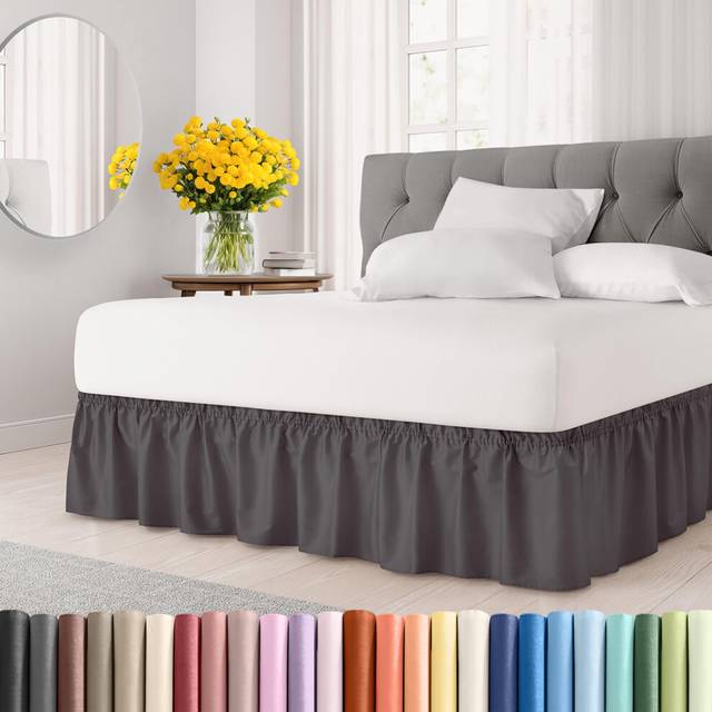 Wrap Around Dust Ruffle Bed Skirt - Dark Grey - Bed Skirt for Full Size Beds with 21 in. Drop - Easy Fit Elastic Strap - Pleated Bedskirt with Brushed
