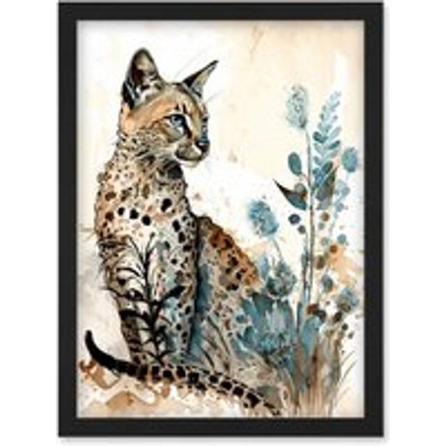 Savannah Cat and Wildflowers Modern Watercolour and Ink Illustration Artwork Framed Wall Art Print A4 - Black - One Size